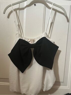 Monteau White Spaghetti Strap Top with large Black Bow